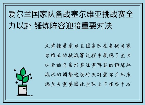 爱尔兰国家队备战塞尔维亚挑战赛全力以赴 锤炼阵容迎接重要对决