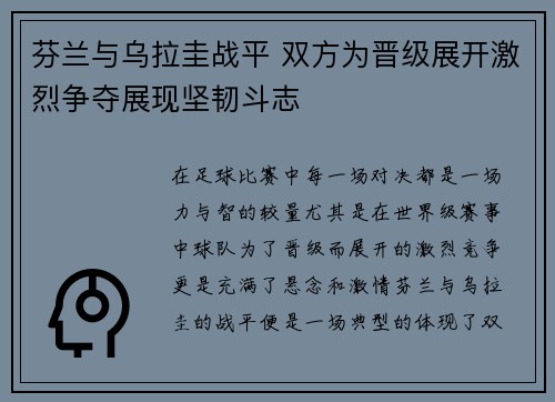 芬兰与乌拉圭战平 双方为晋级展开激烈争夺展现坚韧斗志