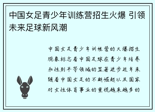 中国女足青少年训练营招生火爆 引领未来足球新风潮