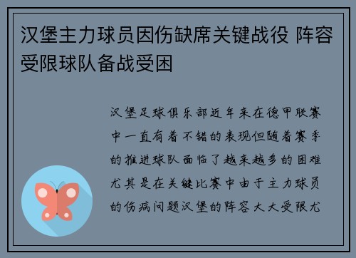 汉堡主力球员因伤缺席关键战役 阵容受限球队备战受困