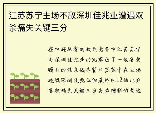 江苏苏宁主场不敌深圳佳兆业遭遇双杀痛失关键三分