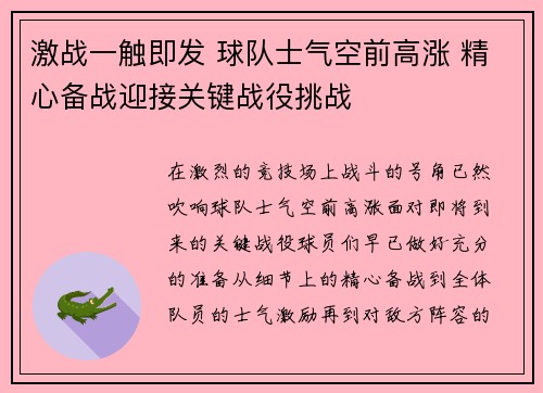 激战一触即发 球队士气空前高涨 精心备战迎接关键战役挑战