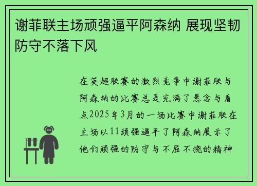 谢菲联主场顽强逼平阿森纳 展现坚韧防守不落下风