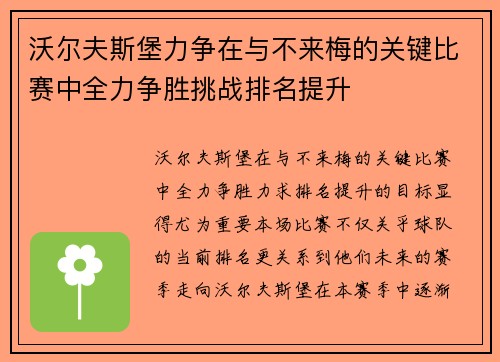 沃尔夫斯堡力争在与不来梅的关键比赛中全力争胜挑战排名提升